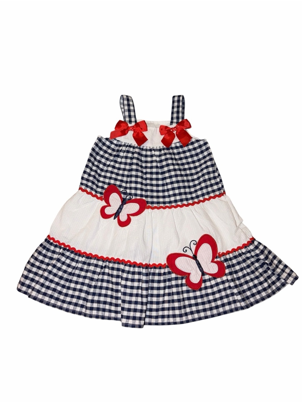 EUC Nannette Baby Navy Gingham Butterfly Dress 18M Americana Preppy